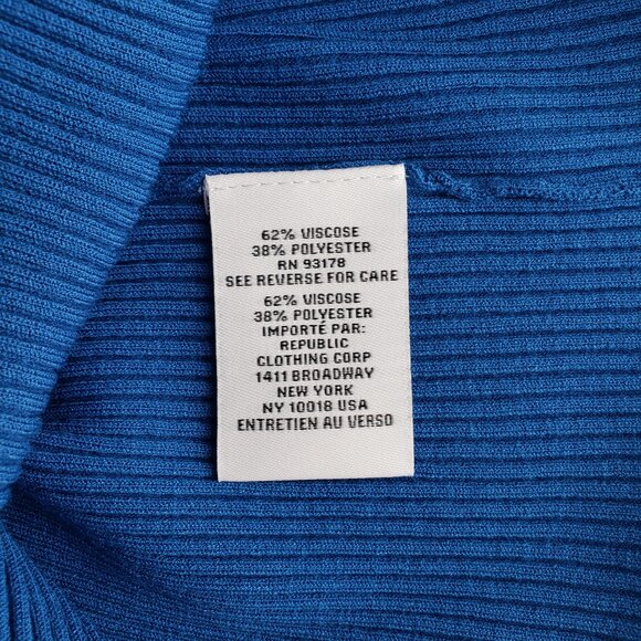 Magaschoni Blue White Stretchy Rib Knit Top Med Ruffle Edge Neck & Sleeves NWT - Picture 5 of 8